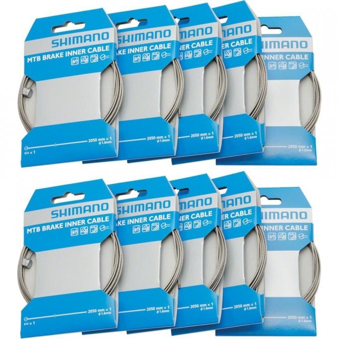 Трос тормозной SHIMANO шоссе/МТБ, 2050 мм, 10 штук, с наконечником, W-END тип, индивидуальная упаковка, Y80098410